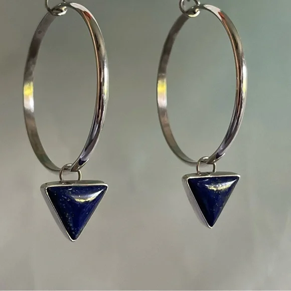 Silver Hoop Lapis Lazuli Drop Earrings - Picture 6 of 9